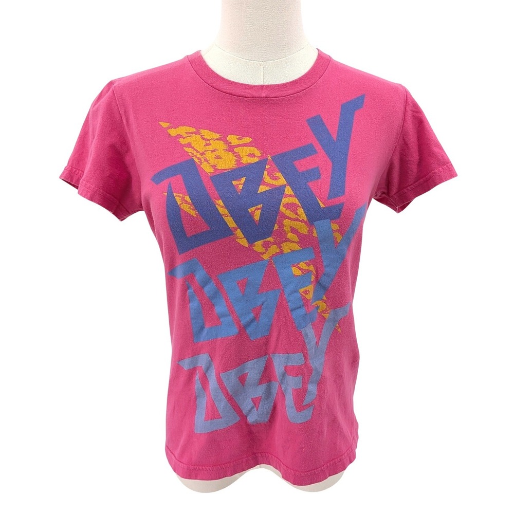 Streetwear Graphic Tee Obey Pink Logo Print Cotton T Shirt Size S